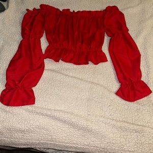 Solid ruffle trim off the shoulder blouse